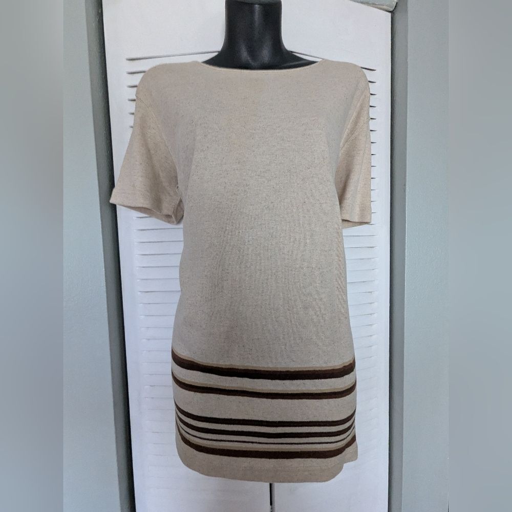 Linen Blend S Oversized Tunic Top S/S Neutral Cream Brown Coastal Resortwear - Picture 2 of 7